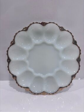 Vintage white milk glass deviled egg plate gold trim 12 egg tray platter 11”